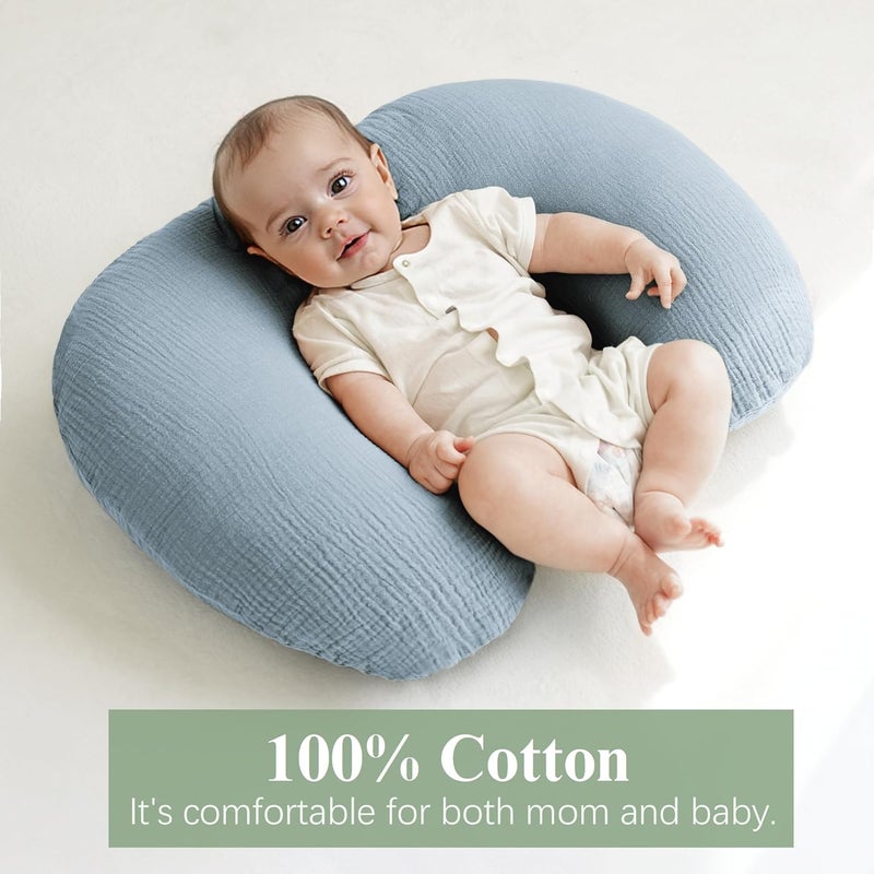Coreeky Muslin Nursing Pillow Covers, 2 Pack, Soft & Adorable Slipcovers with Zipper Closure, 100% Cotton Covers for Breastfeeding Pillows (Blue, Moons) - Image 3